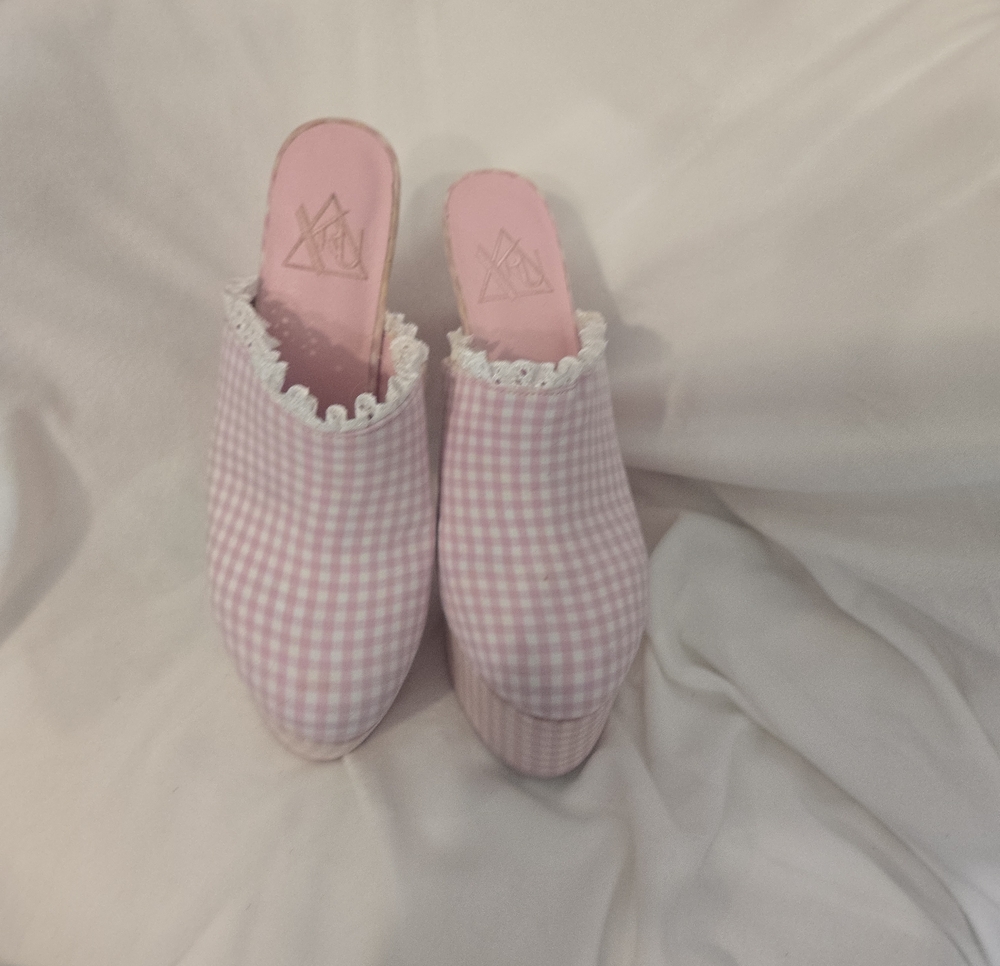 Sugar Thrillz Pink Gingham Lace-Trim Platform Mules